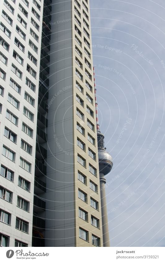 stretched plate Cloudless sky Downtown Berlin Capital city Prefab construction Tower block Facade Berlin TV Tower Famousness Tall Long Original Agreed Refrain