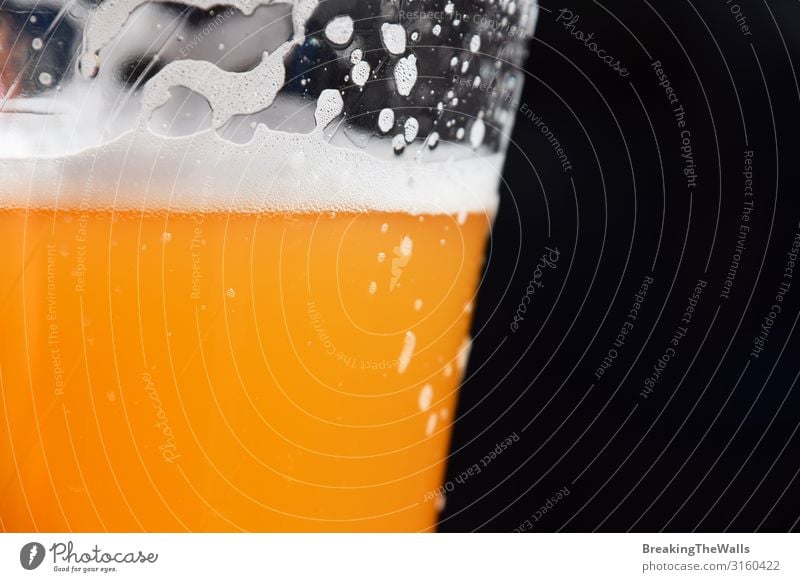 Close up glass of unfiltered wheat beer over black Beverage Cold drink Alcoholic drinks Beer Glass Gold Orange Black White Beer glass lager ale Foam Froth Fresh