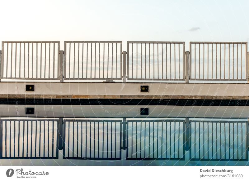 pool edge Water Sky Beautiful weather Blue White Handrail Fence Swimming pool Pool attendant Reflection Landscape format Line Grating Pool border Barrier