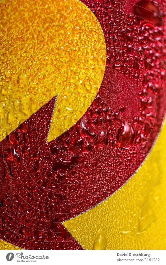 freezing cold Beverage Cold drink Beer Water Drops of water Sign Yellow Red Refreshment Arrow Direction Wet Condensation Portrait format Tin Chilled
