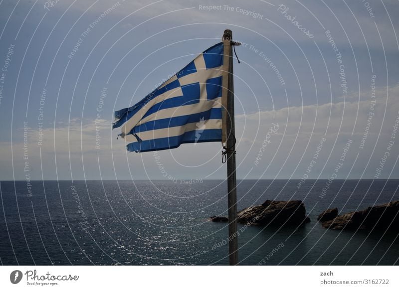 SET DRAWINGS Water Sky Rock Coast Ocean Mediterranean sea Aegean Sea Island Cyclades Greece Flag Line Blue Colour photo Exterior shot Deserted Copy Space left