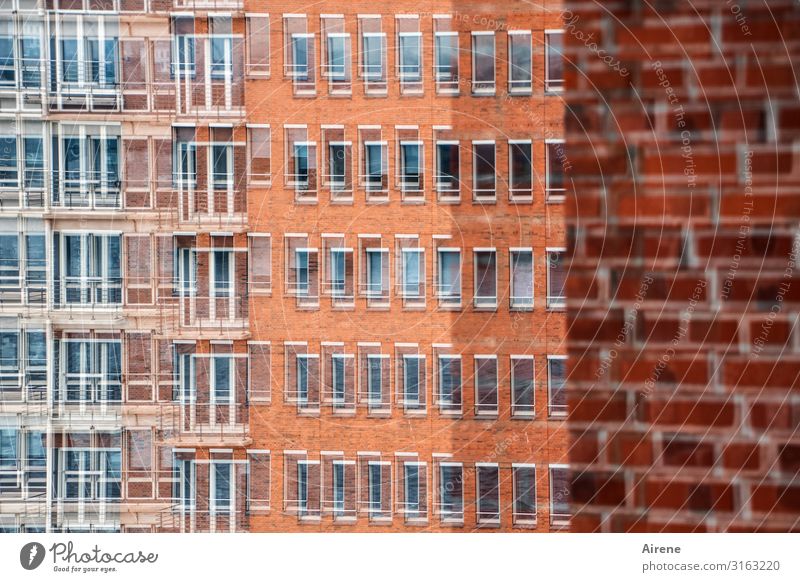 Facade, multiple | UT Hamburg Glazed facade Brick facade Glass Metal Sharp-edged Town Many Gray Orange Red Bizarre Business Fear of death Irritation Mostly