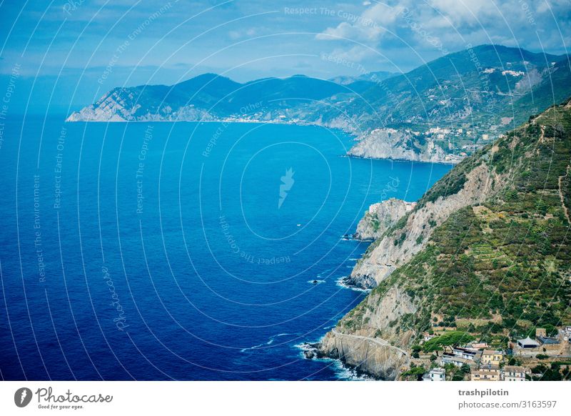 Italian Coast II Nature Landscape Water Waves Bay Ocean Cinque Terre Italy Europe Vacation & Travel World heritage Rock Colour photo Deserted Copy Space left