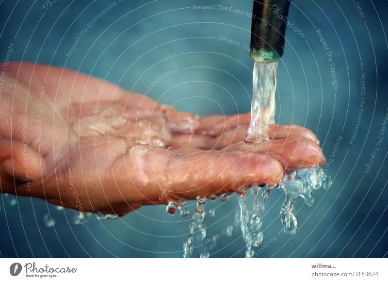 Water, the elixir of life, flows on hand by hand Fingers Tap chill Wet Drops of water Dripping Refreshment Drinking water Neutral Background Clean hygiene