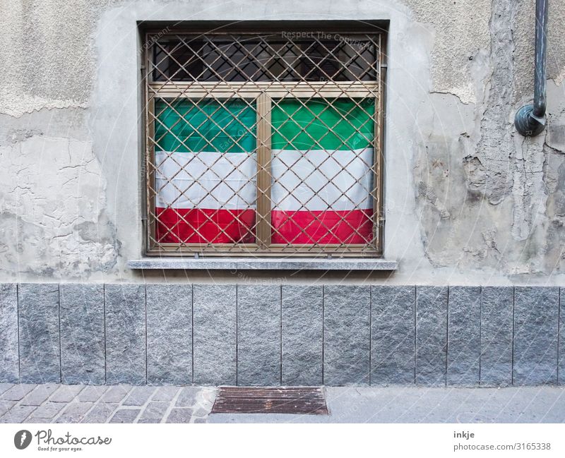 Italy flags in North Rhine-Westphalia look Small Town Deserted Facade Window Grating Stripe Flag Authentic Patriotism Cloud cover Green White Red Colour photo