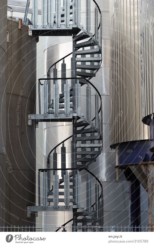 up and down Workplace Factory Industry Advancement Future Energy Innovative Sustainability Stairs Winding staircase Silo Tank Colour photo Subdued colour