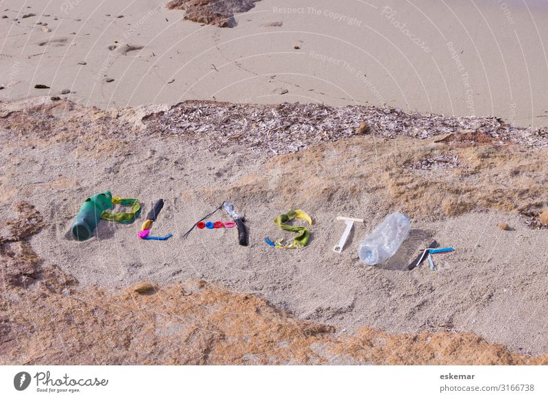 Plastic garbage on the beach Beach Ocean Environment Nature Coast Mediterranean sea Island Formentera Balearic Islands Spain Packaging Plastic packaging Trash