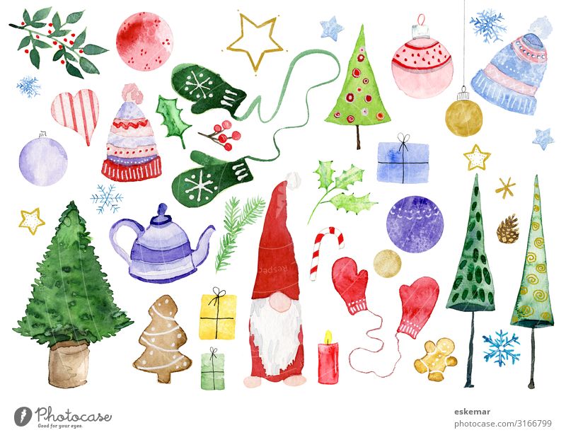 Christmas div motives in watercolor Winter Decoration Feasts & Celebrations Christmas & Advent Santa Claus Art Work of art Painting and drawing (object)