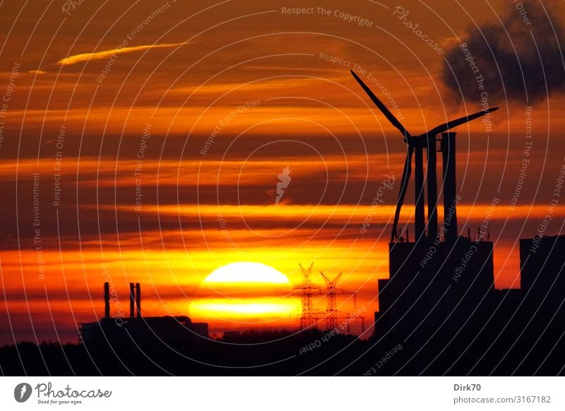 Sunset behind industrial plants Economy Industry Energy industry Technology Science & Research Advancement Future Renewable energy Solar Power Wind energy plant