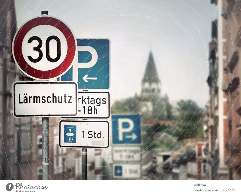 traffic signs for quiet drivers Road sign Sign forest noise protection Parking sign Speed limit Town Church Luther Church Chemnitz