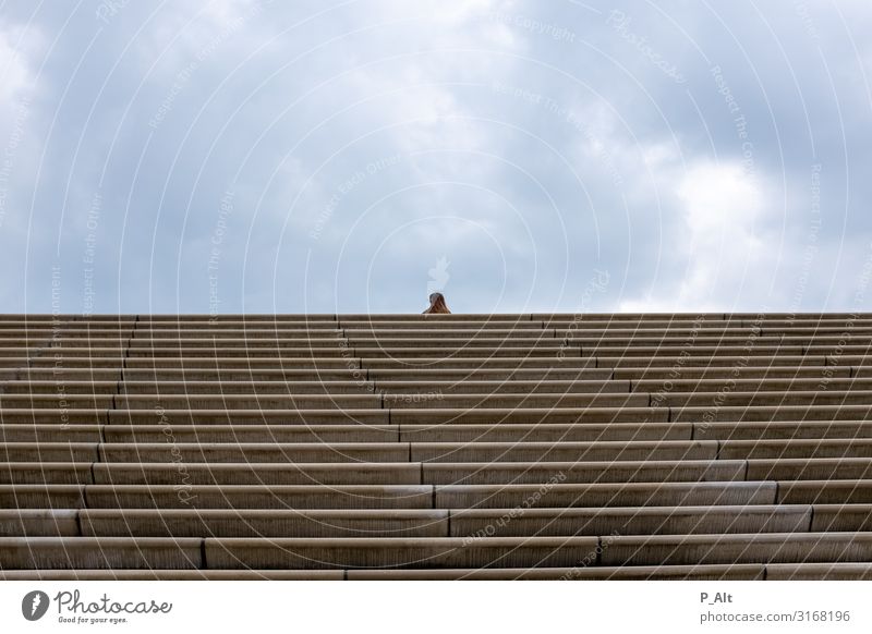 focal point Feminine 1 Human being Athletic Loneliness Stairs Horizontal Clouds Far-off places Colour photo Exterior shot