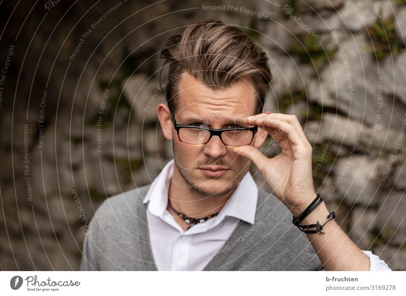 Young man with glasses Lifestyle Style Beautiful Hair and hairstyles Leisure and hobbies Masculine Man Adults Face 1 Human being Shirt Eyeglasses To hold on