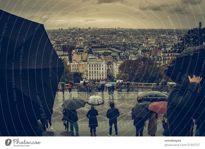 View of Paris in the rain Tourism Sightseeing City trip Human being Crowd of people Clouds Autumn Bad weather Rain Montmartre Capital city Downtown Populated