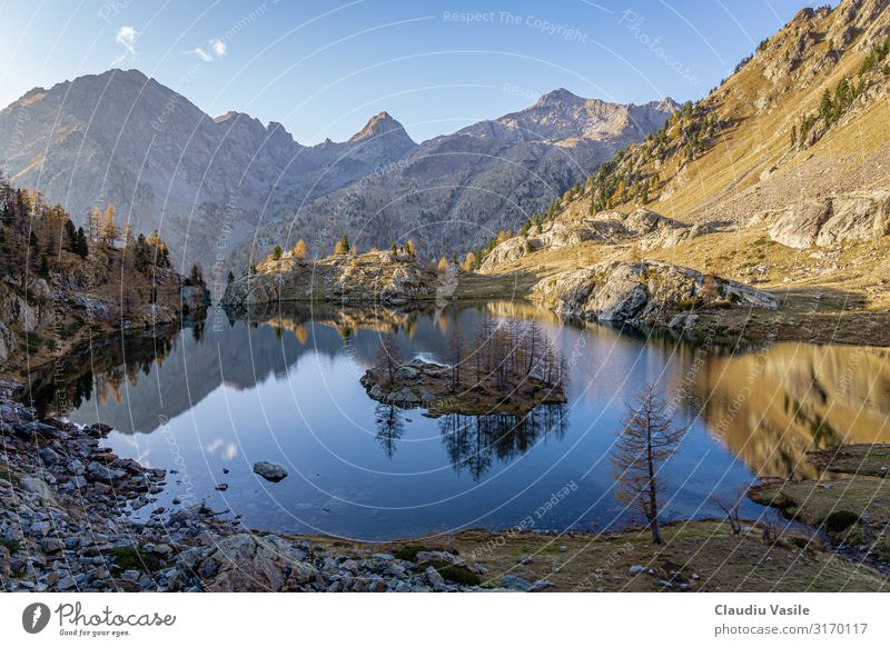 Trecolpas Lake in the French Alps Environment Nature Landscape Sky Autumn Tree Rock Mountain Island Hiking Exterior shot Beautiful breathtaking no persons