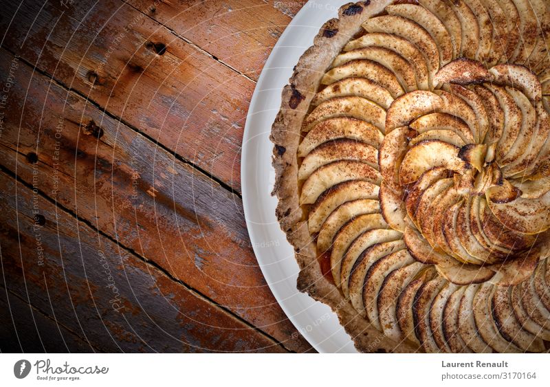 Traditional french apple tart over brown planks Apple Dessert Gastronomy Gold Baking cake cooking copy Crust food Gourmet Home-made Baked goods Pie recipe Snack