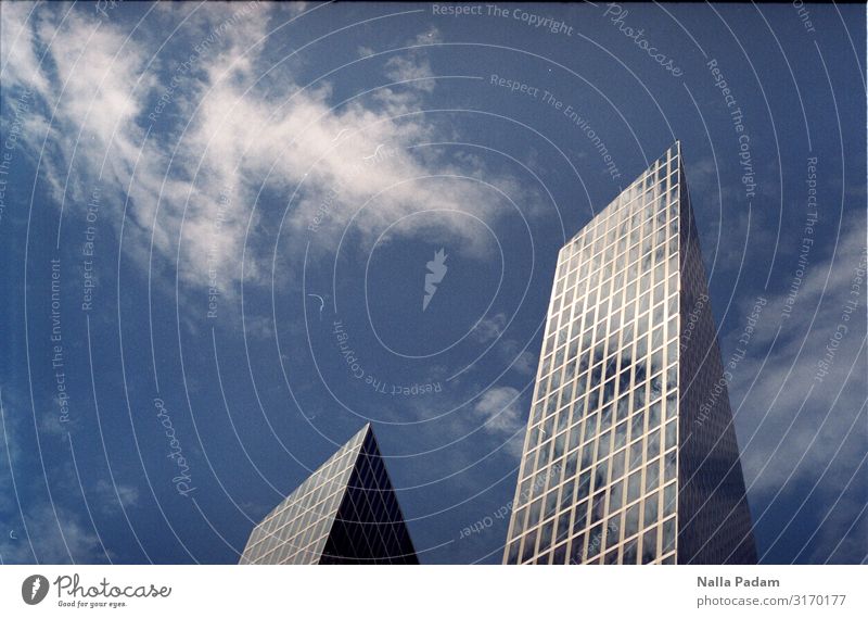 Sky in a glass Clouds Munich Germany Europe Town High-rise Building Office building Facade Window Glass Metal Work and employment Sharp-edged Modern Blue Black