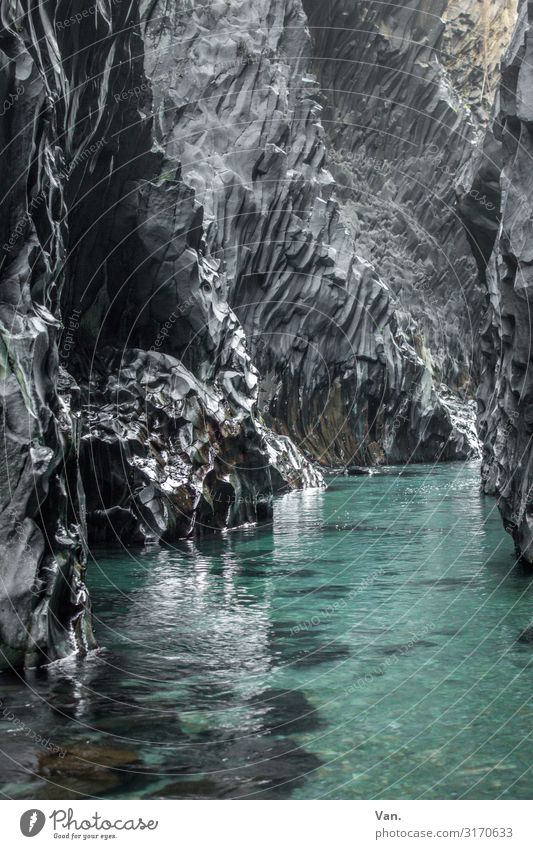 Gole dell'Alcantara Nature Water Rock River Canyon Dark Wet Blue Gray Colour photo Subdued colour Exterior shot Deserted Day Deep depth of field Long shot
