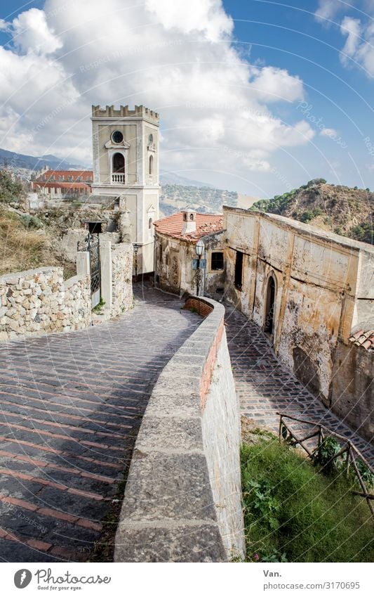 Savoca Sky Clouds Summer Beautiful weather Bushes Hill Sicily Village Deserted House (Residential Structure) Church Tower Building Wall (barrier)
