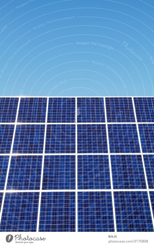 Solar power system, solar cell, photovoltik system, for sustainable energy supply & environmental protection, with sunlight. Climate protection by green power, sustainable, cheap, renewable, natural, ecological, neutral, safe.Blue solar panels with sun energy crisis.