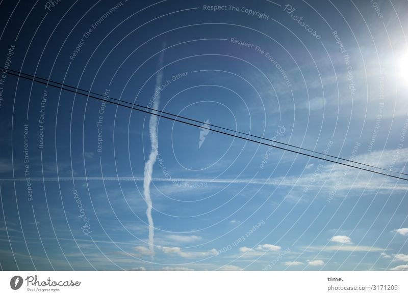 Ascensions | criss-cross Sky Blue Clouds Vapor trail air traffic Wind Blown away Drift Diagonal Line Stripe Tall Above Air Drawing Sun power cable