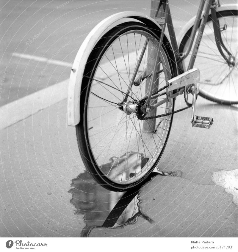 puddle Budapest Hungary Europe Capital city Street Bicycle Steel Driving Gray Black Black & white photo Exterior shot