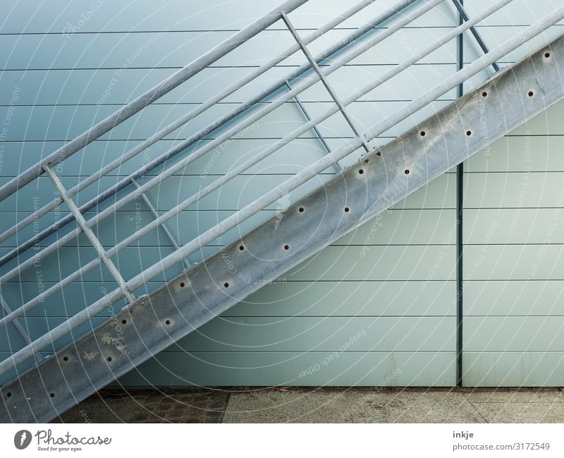 metal staircase Deserted Industrial plant Building Architecture Stairs Facade Metal steps Simple Mint green Diagonal Line Colour photo Subdued colour