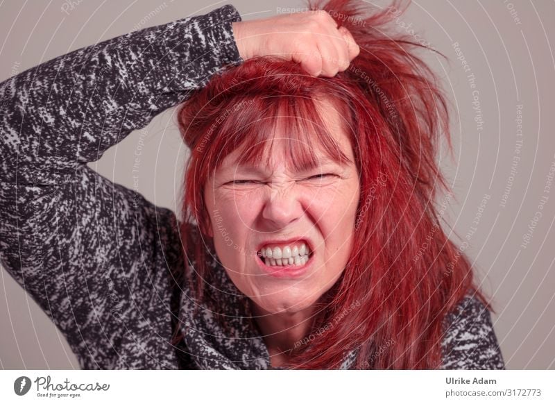 Woman is angry Human being Feminine Adults Head Teeth 1 45 - 60 years Sweater Red-haired Long-haired Bangs Scream Romp Aggression Threat Natural Rebellious