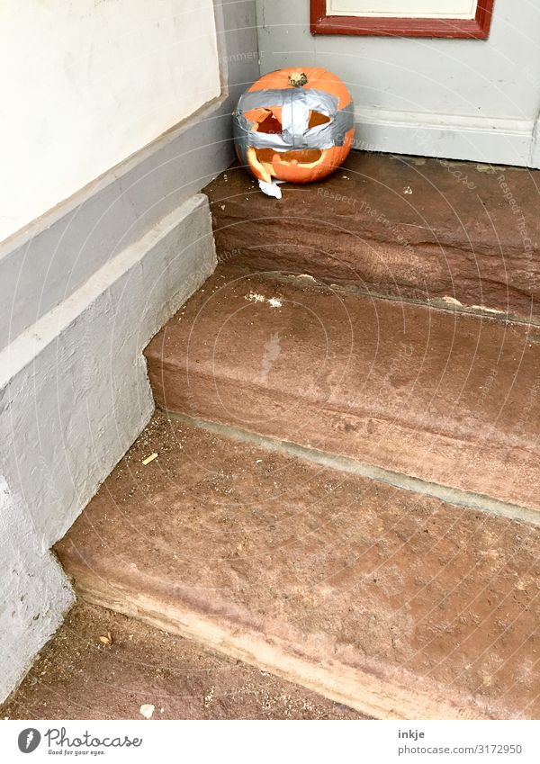 the Gaffa Pumpkin Lifestyle Living or residing Front door Stairs Entrance Hallowe'en Authentic Creepy Broken Trashy Innovative Creativity Destruction