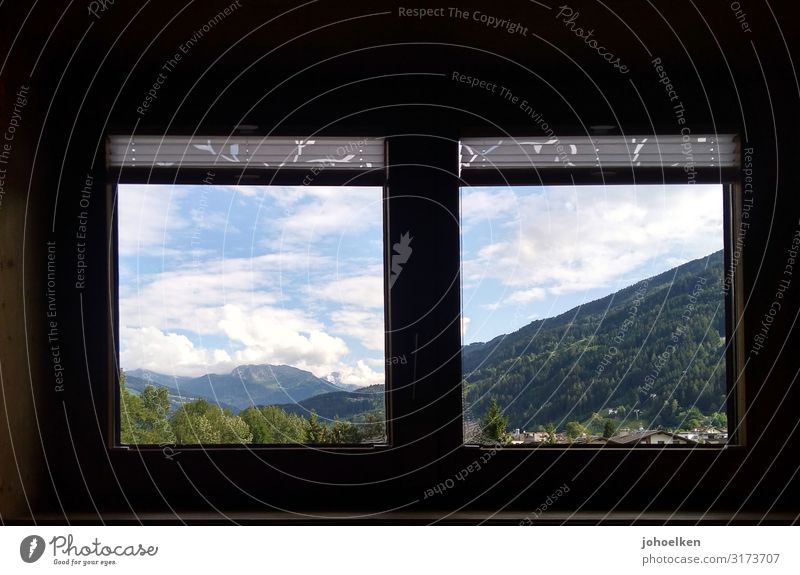 Window with view Landscape Sky Clouds Beautiful weather Alps Mountain Zillertal Austria Hut Modest Vacation & Travel Colour photo Exterior shot Interior shot