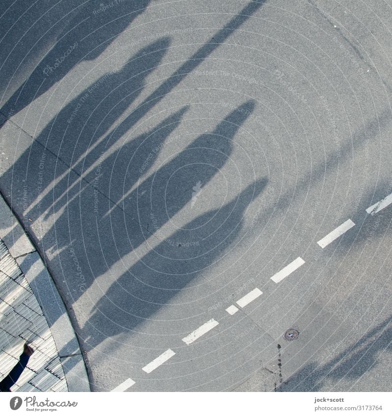 Shadow cast on open road with 5 Human being Group Berlin Outskirts Passenger traffic pedestrian Street Lane markings Curbside Asphalt Going Long Under Gray
