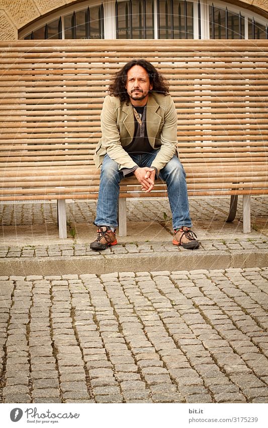 Rest. Human being Masculine Man Adults Sit Chemnitz Bench Seating Exterior shot Full-length Front view Looking Looking into the camera Forward Long-haired