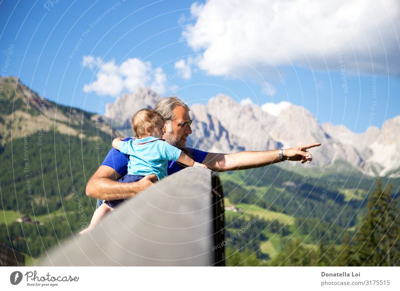 Father and son looking mountains landscape Lifestyle Relaxation Vacation & Travel Freedom Summer Summer vacation Mountain Parenting Education Child Baby Toddler