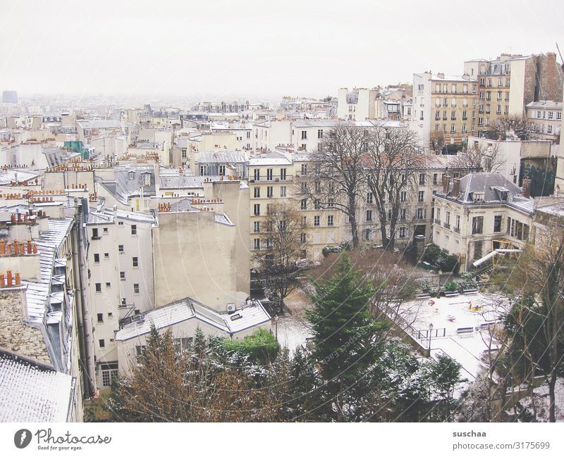 paris in winter Paris Town City Europe Capital city France House (Residential Structure) Building Roof Snow Winter Cold Frost Climate Chimney Tree Bleak