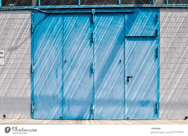 shading Wall (barrier) Wall (building) Door Shadow Industrial Entrance Metal Brick wall Line Blue White Colour Style Colour photo Exterior shot Deserted