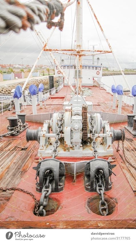 Ship deck with engine anchors Vacation & Travel Park Watercraft Steel Line Old Maritime Strong Energy chain Deck drilling equipment form forward iron marine