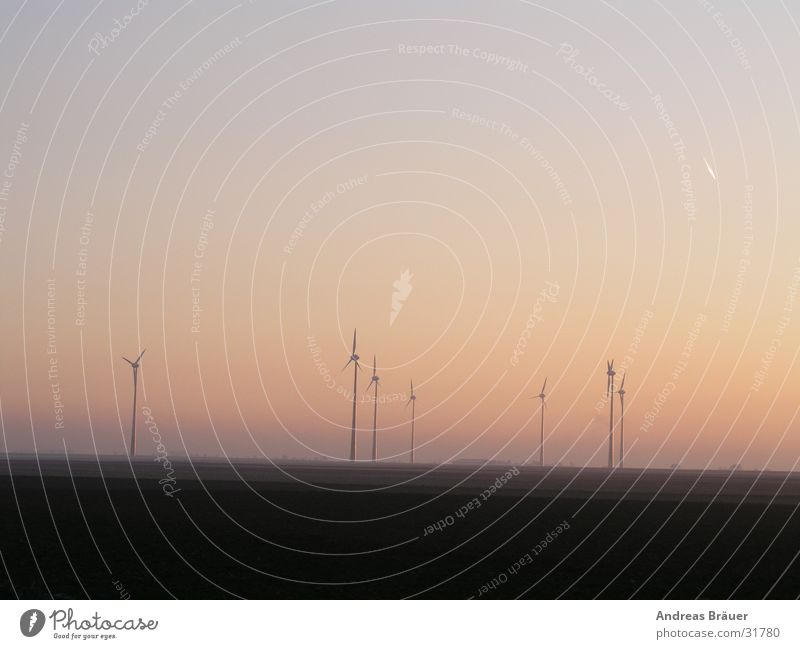 Wind farm in the evening light Sunset Twilight Electricity Alternative Renewable Ecological Subsidy Expenditure Environment Back-light Electrical equipment