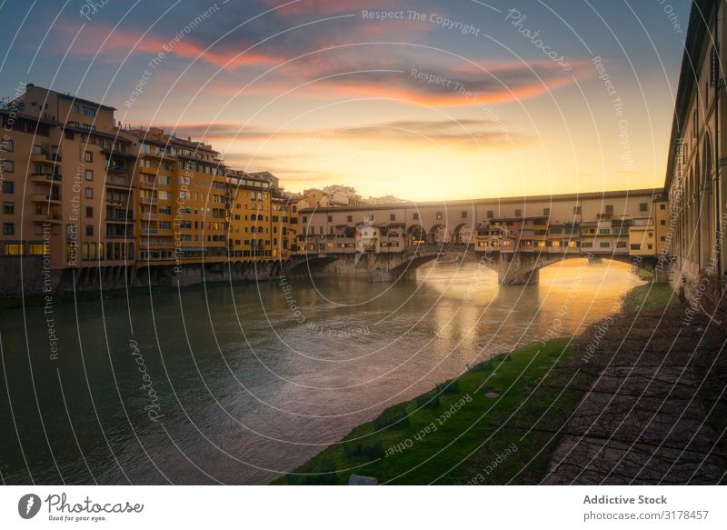 Old bridge across channel in sunset Bridge Sunset Channel Florence Italy Building Vacation & Travel Water Architecture City Tourism Landscape canal Attraction