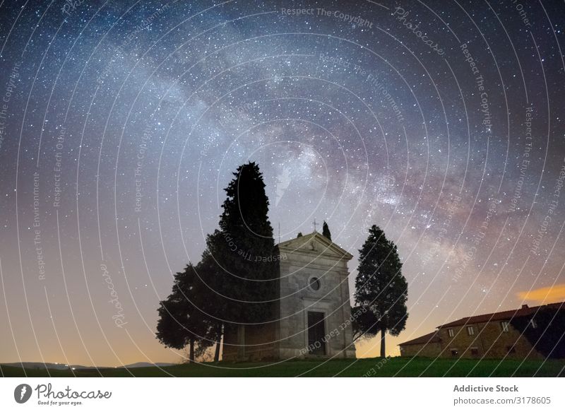 Single chapel among trees on field under stars Field milky way Stars Sky Chapel Architecture Night Tuscany Italy Universe Constellation Cosmos Landscape Nature