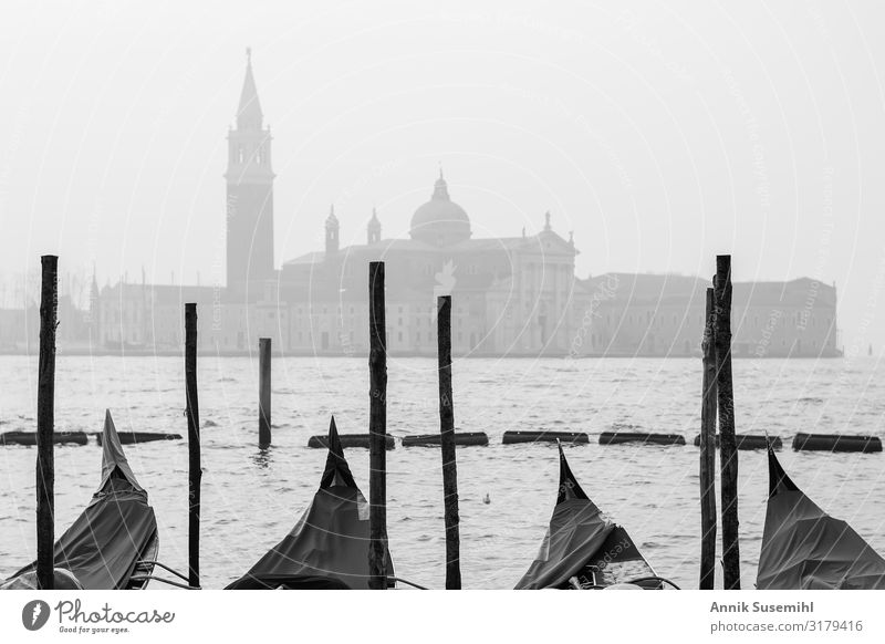 Gondolas in Venice in black and white. Fog over the lagoon Vacation & Travel Tourism Sightseeing City trip Cruise Island Waves Winter Feasts & Celebrations