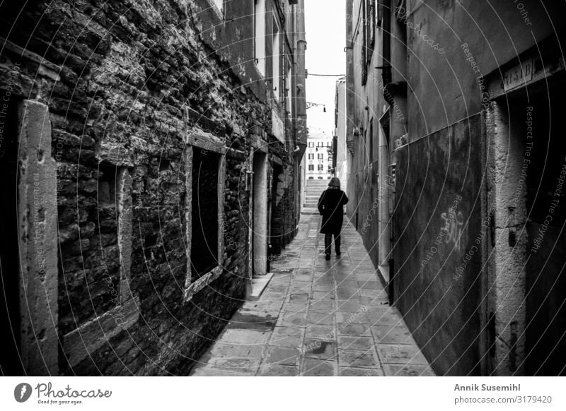 A woman in a lonely alley in Venice - black and white Funeral service Human being Feminine Female senior Woman Senior citizen Life Italy Town Port City Downtown