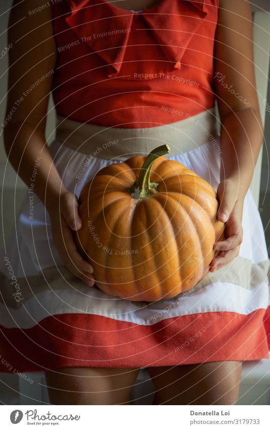 Girl holding pumpkin in her hands Vegetable Nutrition Eating Lifestyle Hallowe'en Human being Feminine Infancy Legs 1 8 - 13 years Child Nature Autumn Clothing