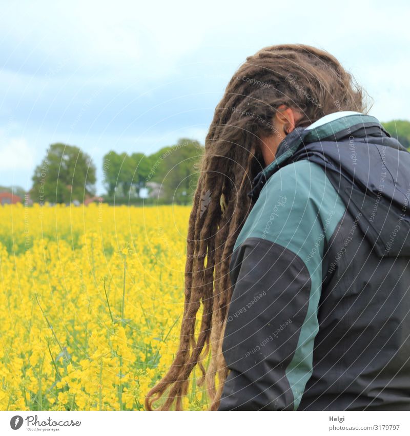 Woman with long dreadlocks in front of her face standing at a yellow flowering rape field Human being Feminine Adults 1 30 - 45 years Environment Nature
