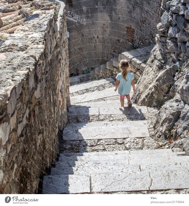 downstairs Toddler Girl 1 Human being 1 - 3 years Sicily Italy Village Wall (barrier) Wall (building) Stairs Going Hiking Gray Turquoise Stone Small