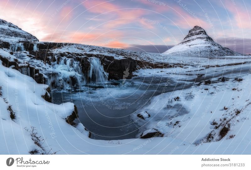 Iceland landscape kirkjufell Mountain Winter Landscape Nature Sky Snæfellsnes Waterfall Beautiful Snow Blue Vacation & Travel Exterior shot Cold White