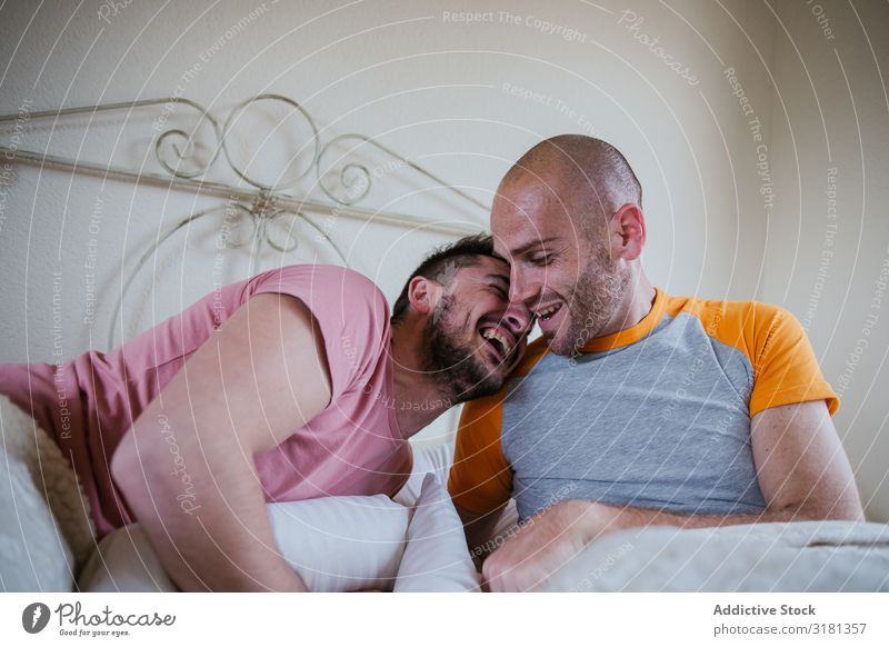 Gay couple in bed Adults Bed Easygoing Caucasian Cheerful Close Couple Homosexual handsome Happy Home House (Residential Structure) Lifestyle Love Man Wedding