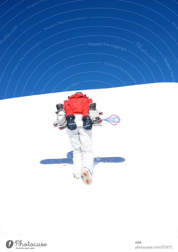 ascent Winter Snowboard Red White Go up Sports Blue Shadow Winter sports Carrying Effort 1 Snowboarder Upward Blue sky Bright Colours Ski run Cloudless sky