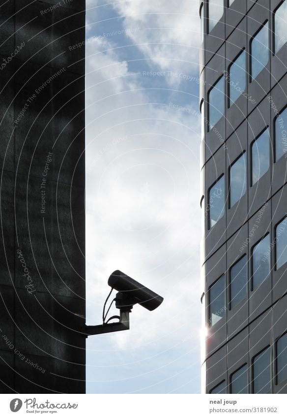 I spy -III- Video camera Surveillance camera Frankfurt High-rise Bank building Facade Observe Town Blue Gray Protection Watchfulness Truth Honest Fear Dangerous