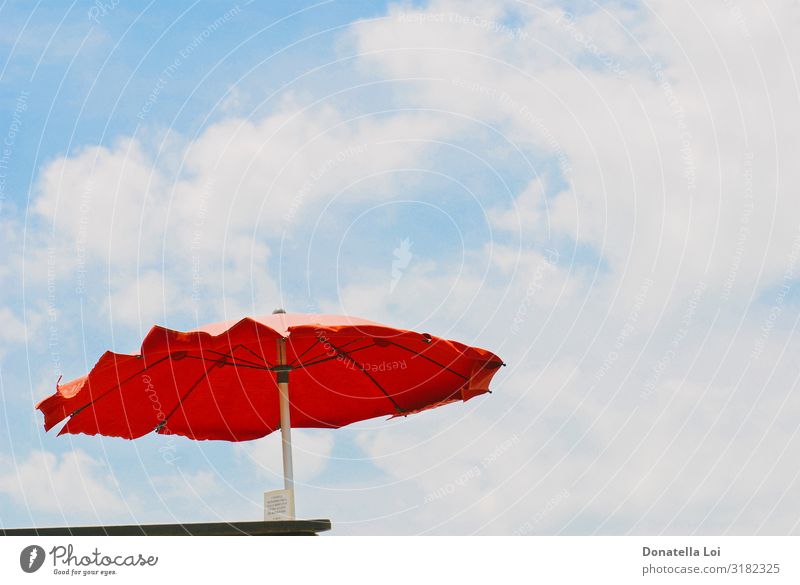Red umbrella in summer seen from below Relaxation Leisure and hobbies Vacation & Travel Tourism Trip Summer Summer vacation Sunbathing Beach Sky Clouds Wind