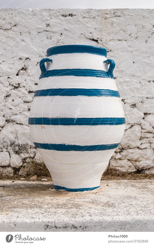 Old blue and white amphora lay Pot Design House (Residential Structure) Decoration Gardening Art Nature Plant Flower Grass Leaf Stone Green Colour Amphora