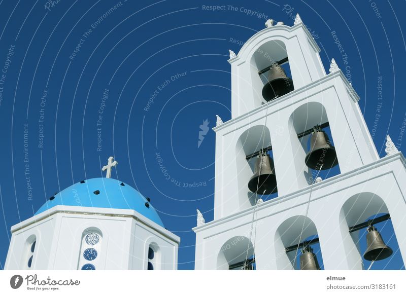 Greece Vacation & Travel Tourism Trip Sightseeing Cruise Sky Beautiful weather Santorini Church Bell tower Domed roof Landmark Authentic Bright Blue White